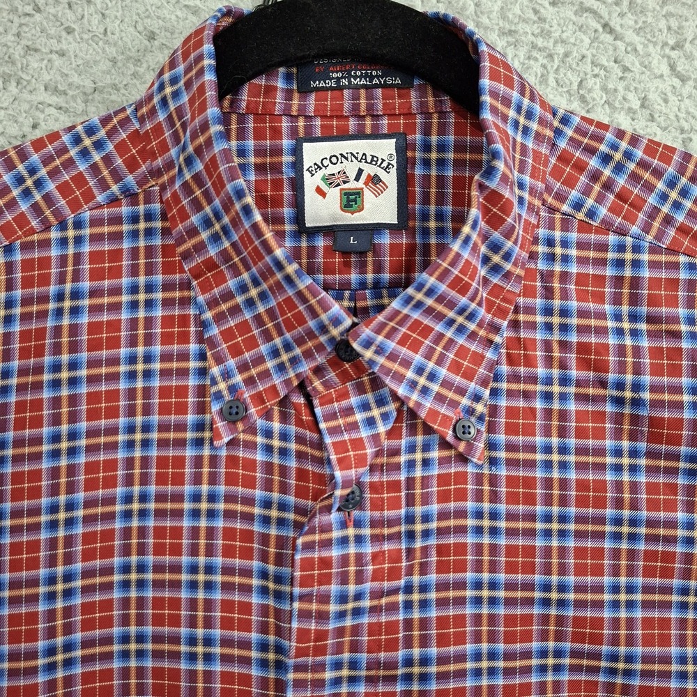 Faconnable Mens L Plaid Button Down Shirt Red Blue Yellow Long Sleeve Logo
